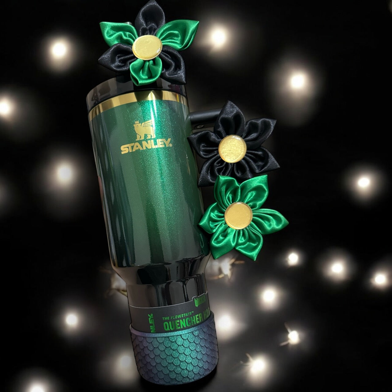 Floral Fancy Flower Topper: Wicked Cup Elphaba Themed Black Green and Gold Satin