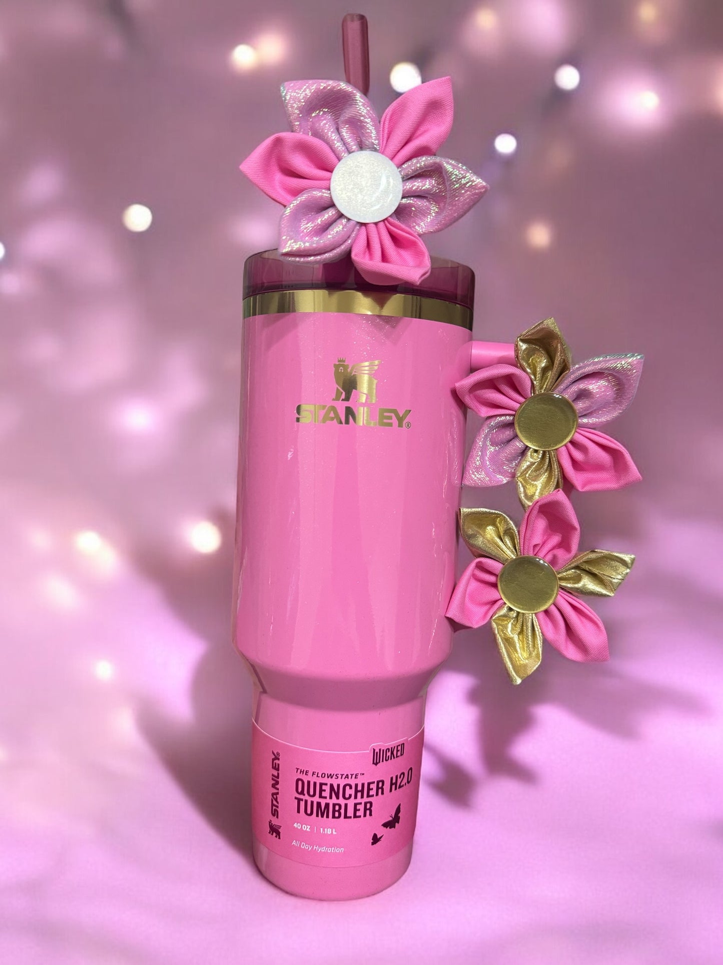 Wicked Glenda Stanley Bow Flower for Tumbler Flower Bow Accessory for Stanley Straw Fabric Flower  Wicked Cup Glenda Pink Themed